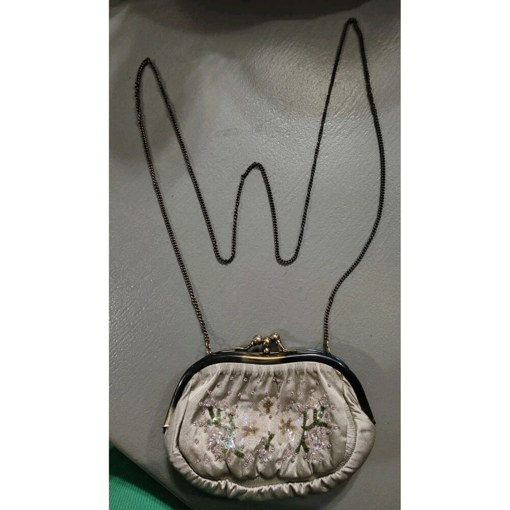 Vintage Pure Silk Floral Beaded Kiss Lock Purse